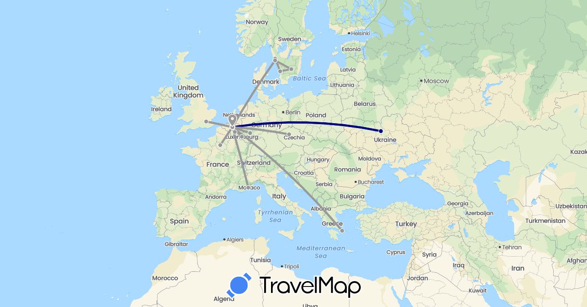 TravelMap itinerary: driving, plane in Belgium, Czech Republic, Germany, France, United Kingdom, Greece, Luxembourg, Sweden, Ukraine (Europe)